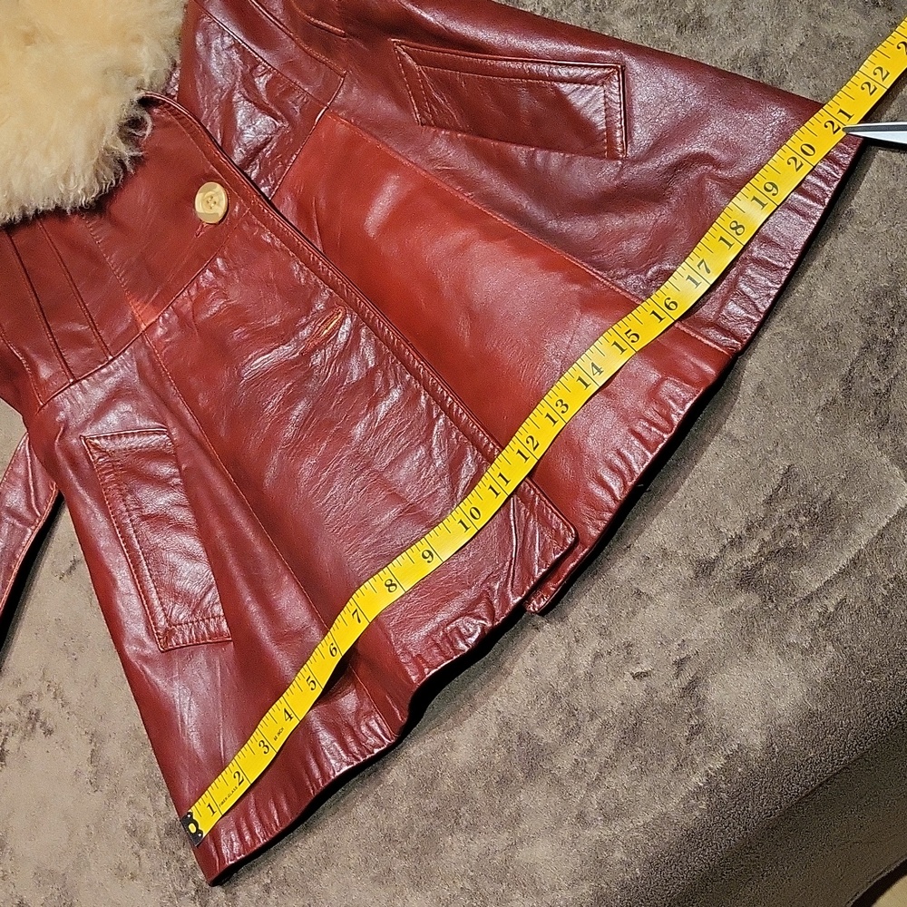 Vintage 70s Elegant Leather Women's Jacket Penny Lane Fur Collar  S  Burgundy** - Picture 15 of 16